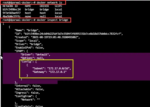 docker network ls and docker inspect bridge output