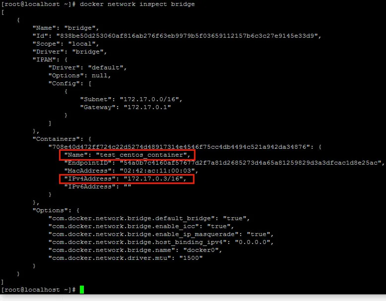 docker network inspect bridge output